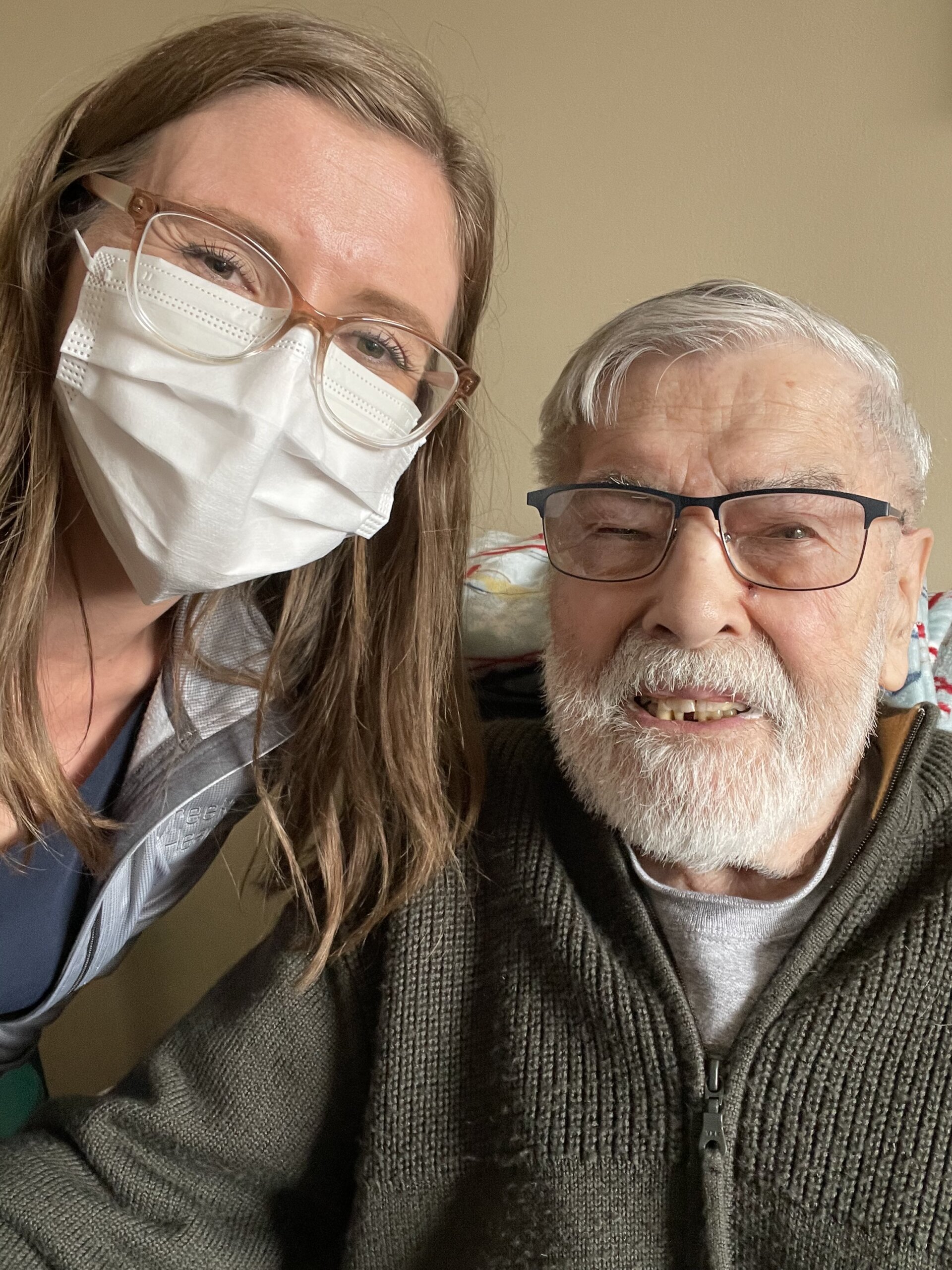John V & Becca Selfie Becca Faber, owner of Creekside Hearing, taking a selfie with patient after helping him with treatment